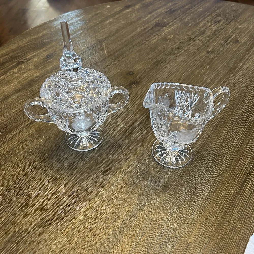 Vintage Cut Crystal Creamer & Covered Sugar Bowl Set Etched Rose Footed Floral